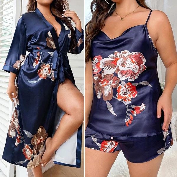 Ev kıyafetleri artı 5xl dişi 3pcs pijamalar set lacivert baskı çiçek uzun kimono banyo elbisesi gevşek ipek saten palet giysileri