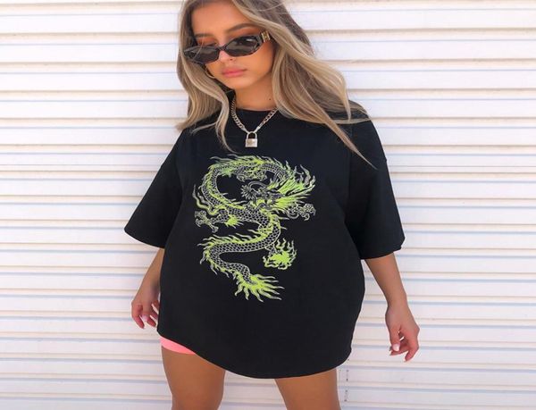 Hip Hop Fashion Übergroße Grafik Tees Damen Kleidung Streetwear Dragon Print Black Round Neck Lose T Shirt7638132