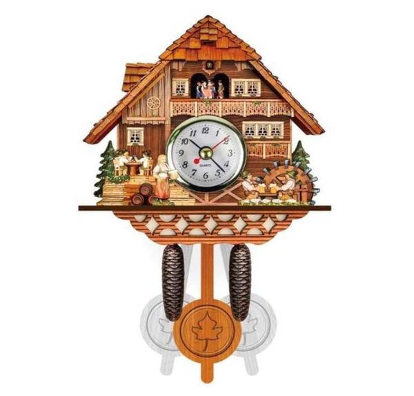 Cuco antigo de madeira de madeira relógio de parede de pássaro Tempo sino swing alarm watch home decoration h09225335233