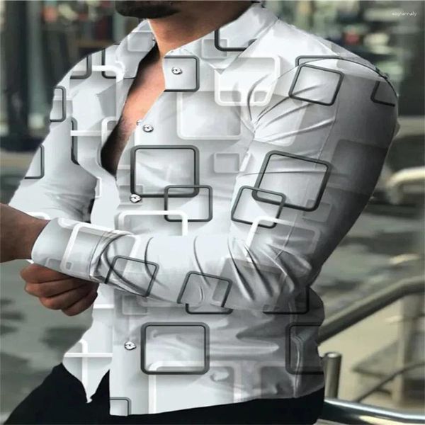 Herren lässige Hemds Mode soziale High-End-Runde Ball Langarmed Revers Single-Basted White Shirt 3D-Druckkleidung