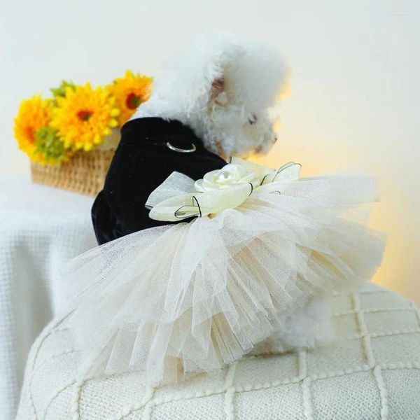Köpek giyim prenses elbise zarif 3d çiçek yay dekorasyon düğün şık örgü ekleme evcil hayvan fantezi için