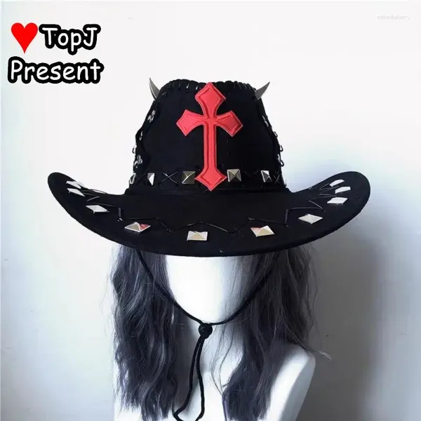 Beretti femminile lolita y2k vapore punk gotico harajuku ragazze rivetti cowboy occidentale con grande cappello da sole protezione da sole.