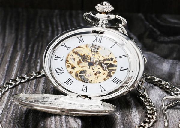 Vine Silver Roman Number Pocket Mechanical Watch Double Open Case FOB Watch P803C5348951