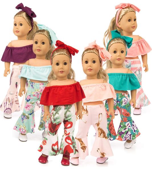 Off -ombro de pano de pano de pano de fundo de calça de fundo de cabelo conjunto de roupas para roupas de boneca de 18 polegadas American Girl Doll4717886