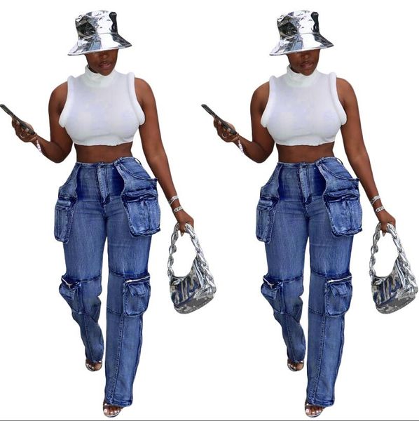 2024 Neue Arbeitskleidung Hosen Frauen tragen Hosen, Taschenarbeit Hosen die Mittelwaschanschläge Zylinder Jeans Mode Jeans für Frauen Freizeit vielseitig