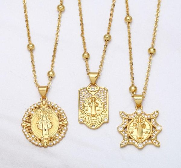 Colares pendentes Flola Cadeia de contas Saint Beredict Medalha Colar de Medalha Copper Zircão Branco Pedra Curta Prazada de Ouro Jóias Católicas NKEA9341542