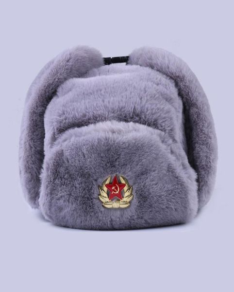 Sowjetisches Badge Ushanka Russische Männer Frauen Winterhüte Faux Rabbit Fur Armee Militär Bomber Hut Kosaken Trapper Ohrflap Snow Ski Cap 25280977