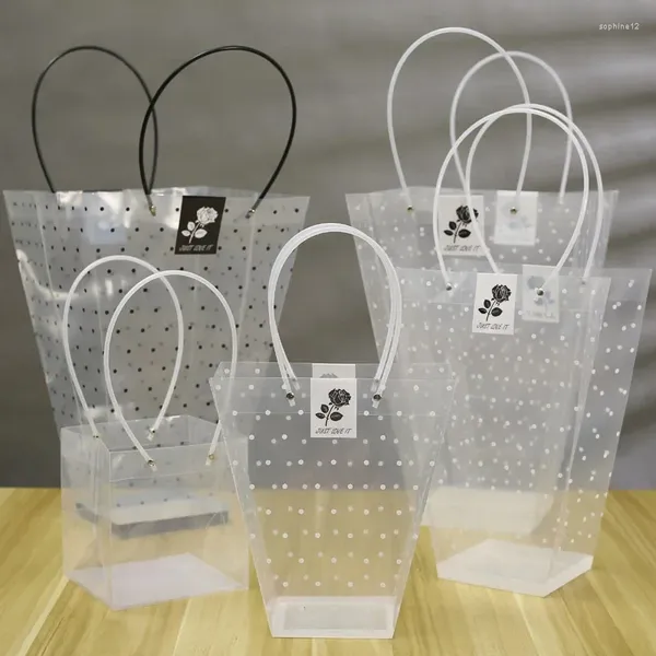 Подарочная упаковка PP Прозрачная трапециевидная портативная цветочная сумка Многомерная водонепроницаемая пластиковые черные точки розы упаковочные пакеты