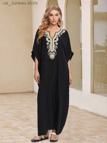 Основные повседневные платья Lorylei Черный вышитый сексуальный V Sexe Batwing Slve Kaftan Платье для женщин 2024 Летние классические платья макси. Q1631 T240412