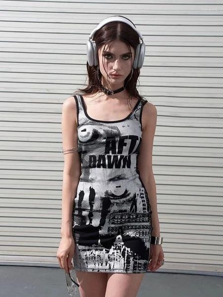 Lässige Kleider Houzhou Streetwear Y2K Kleid Frauen Brief Print Vintage Mini Sexy ärmellose Harajuku Hip Hop Girl 2024 Sommer