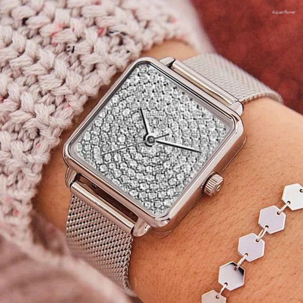 Relógios de pulso 2024 Luxo Moda Silver Watches Women Crystal Square Watch No Brand Quartz Preço Drop