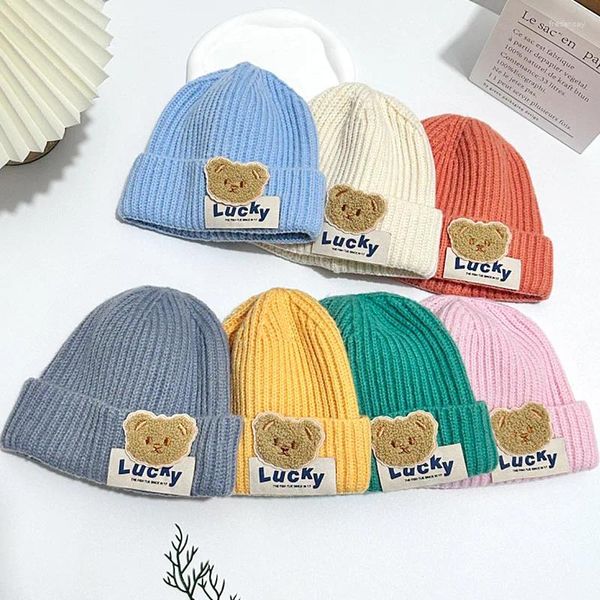 BERETS 2024 Corea Spring Autumn Kids Boys Hat Chany Color Color Knit Girls Bear Head Knitting