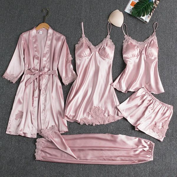 5pc Robe de seda de seda Terno de sono feminino cetim de cetim de pijamas Conjunto de pinos de cetim vneck cami times use pijama caseiro de roupas de noite de primavera 240410