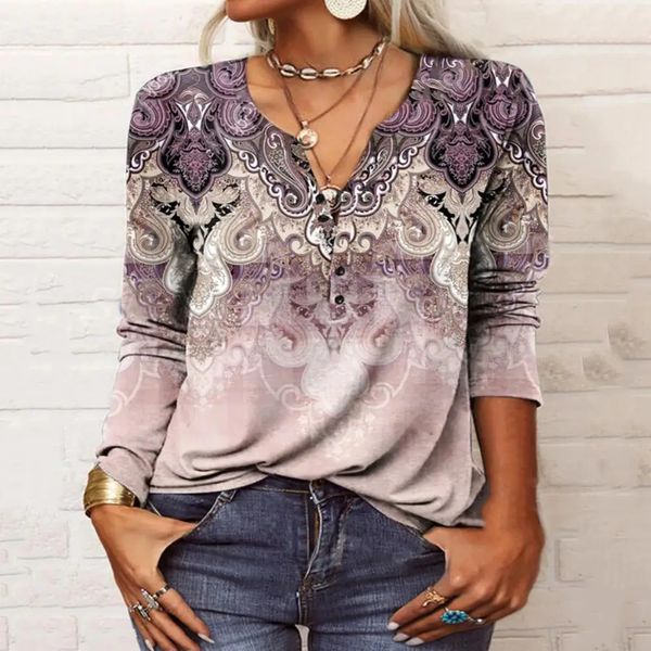 Herbst Winter Women T -Shirt Ethnic Style Print gegen Nacken Langarm Pullover Top Bohemian Vintage Tee Bluse Streetwear 240412