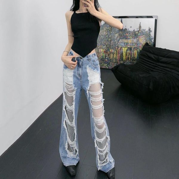 Frauen Jeans modisches Mädchen Y2K ausgefranste Quasten Patchwork Gitter Strass 2024 Sommer hohe Taille Straight Hosen