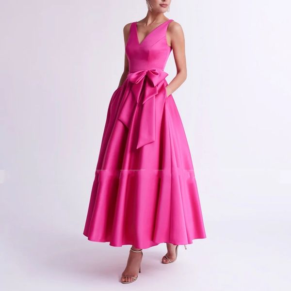 Pink Fuchsia Abend Partykleid 2024 V Hals Bogen Knöchel Länge Eine Linie Satin Frauen Prom formelle Kleider maßgeschneiderte Robe de Soiree