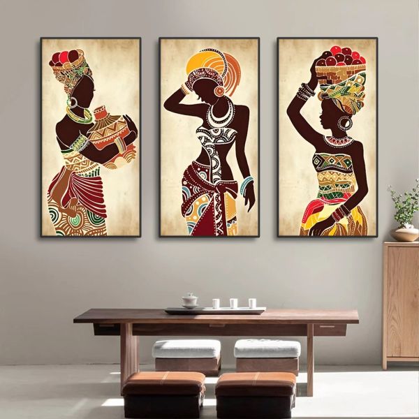 3 pezzi Etnic African Black Woman tela dipinta stampe figure da parete vintage per vivente immagini decorative per la parete della casa