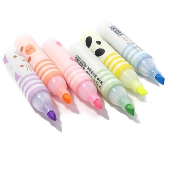 Highlighters Conjunto de 6 animais fofos panda gato mini marcador de tinta marcador de tinta desenho de caneta giz líquido papelaria escolar Escola Suppl7896004