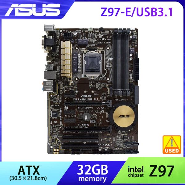 Placas -mãe z97 placa -mãe LGA 1150 ASUS Z97E/USB3.1 DDR3 KIT RAM 32 GB Xeon Intel Core i7 4770K CPUS DVI HDMI M.2 SATA3 ATX PCIE 3.0