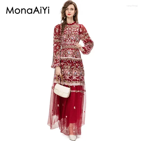 Abiti casual Monaiyi 2024 Designer di moda vintage vestito da donna in maglia ricamata a maglie traslucide a lanterna rossa magra