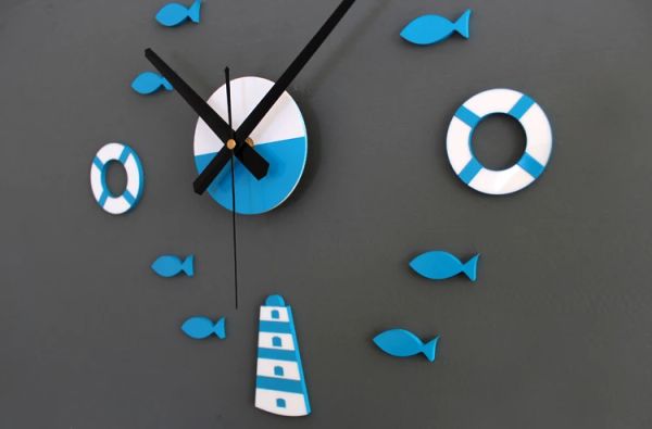 Adesivo de parede DIY em casa relógios de vida bóia blue azul marinho peixes tipo relógios de parede de parede quartos presentes decoração infantil parede marinheiro relógios