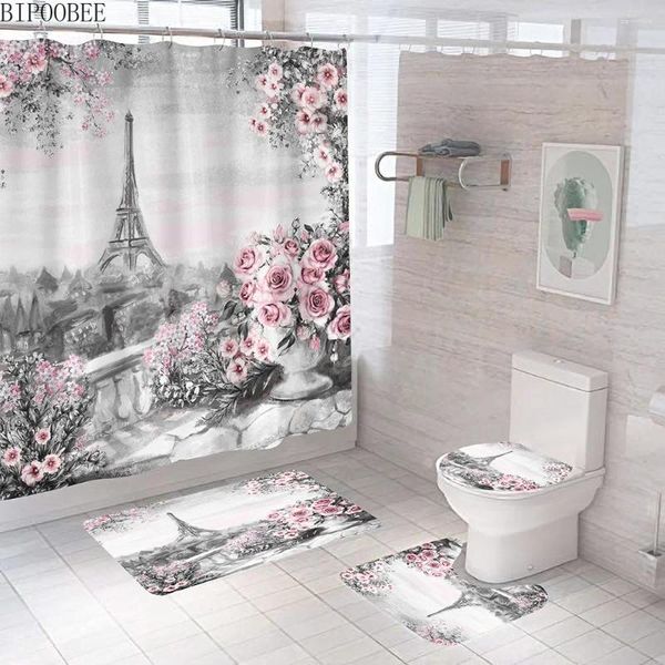 Tende da doccia 3d rosa rosa rosa eiffel torre stampa olio dipinto arte tende da bagno coperchio coperchio non slip tappeti tappeti tappeti