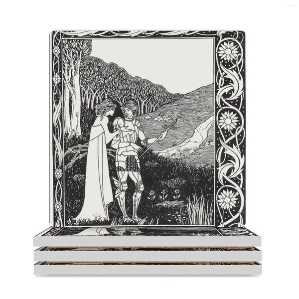 Mats de mesa Aubrey Beardsley - Sir Lancelot e as montanhas -russas de cerâmica das bruxas (quadrado) para xícaras de comas de maconha