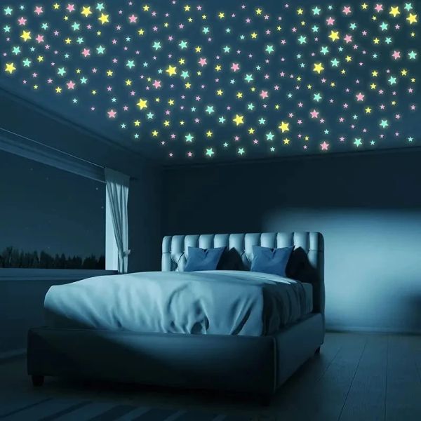 100pcs brilham nos adesivos de estrela escura, teto de parede fluorescente, faça o quarto brilhar como o céu noturno, decoração de casa do quarto das crianças