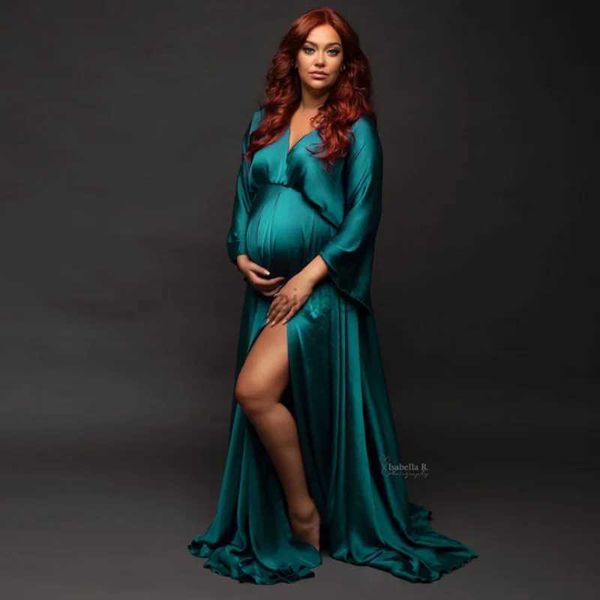 Abiti di maternità eleganza in raso Boho Maternity Long Dresses for Photography Donna incinta Abito Photoshoot Vesto V-Neck Plus Size Costume 240412