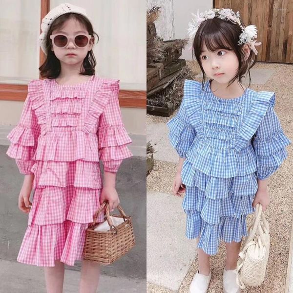 Girl Dresses Autunno 2024 BAMBINO Abito vestito abito di cotone blu rosa Blu Plotone a tre quarti di dolce principessa