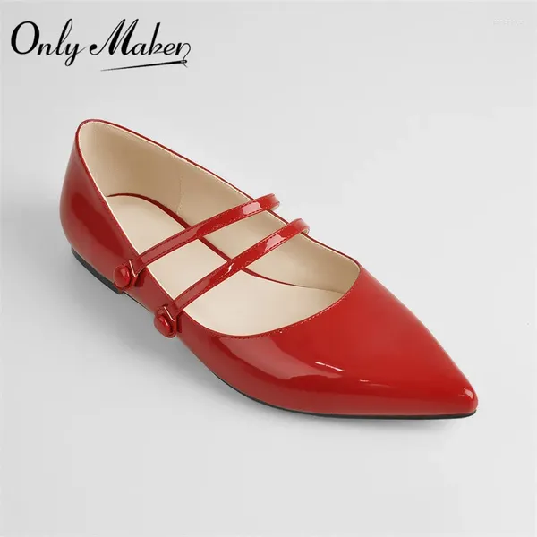 Sapatos casuais Onlymaker Spring Spring Point dedo Slip-On Flats Botão de banda estreita Butro