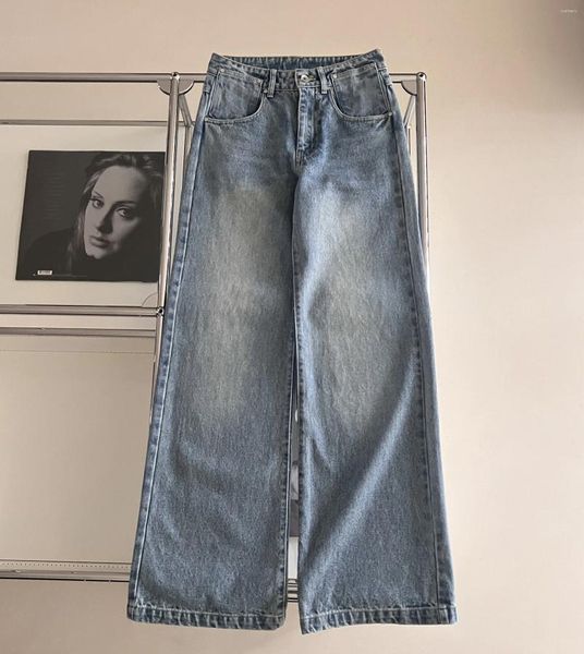 Jeans femminile 2024 Donne alla moda in vita retrò sacca per lavare la gamba larga dritta 0619