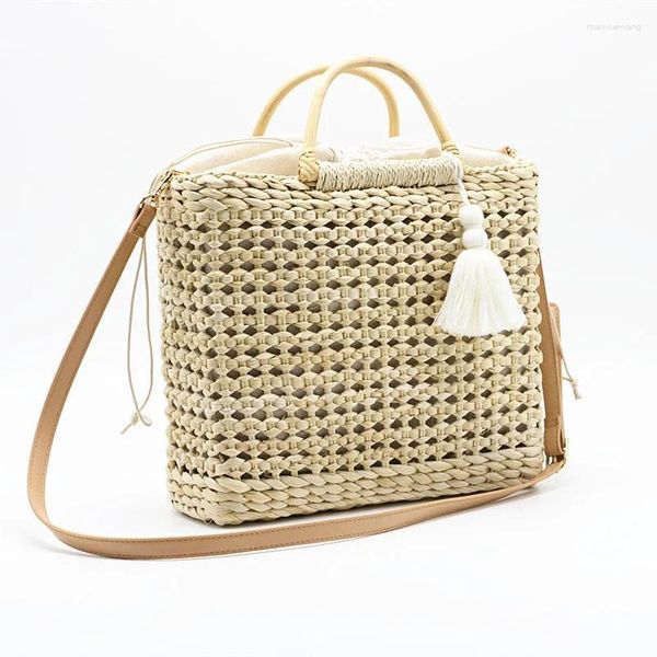 Abendtaschen 2 Farben hohl Fransen gewebte Strohbeutel Holzgriff natürliche Einkaufsfrau Mode Quasten Messenger Handtasche