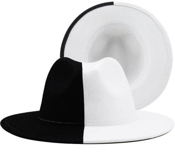 Black White Patchwork Wool Felt Jazz Fedora Mulheres unissex ampla Brim Panamá Party Trilby Cowboy Cap Men Hat de casamento 2207182030588