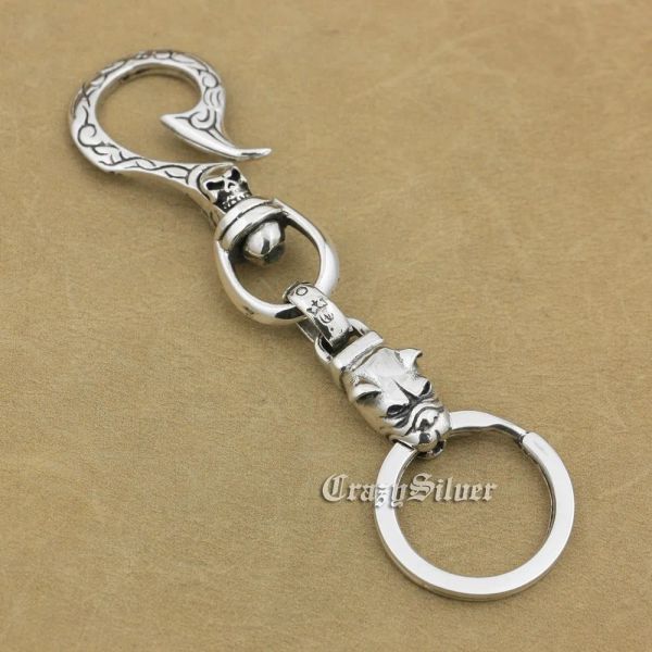 Anéis 925 Sterling Silver Bulldog Dog Cross Keyring Mens Biker Punk Hook Keychain 8B008KC