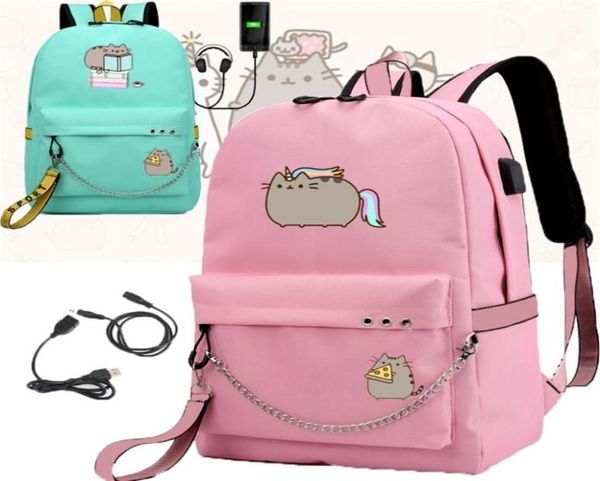 Imido sevimli şişman kedi sırt çantaları kızlar için okul omuzları sırt çantası usb şarj tuval seyahat çantası genç dizüstü bilgisayar çantaları lj201620771