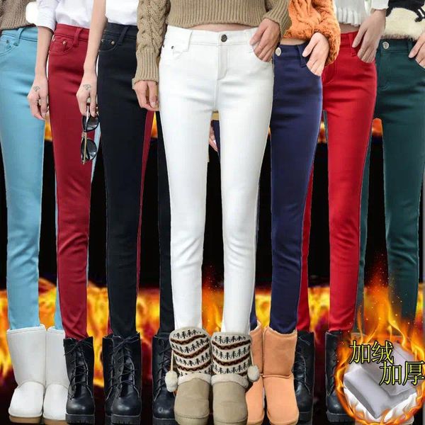 Jeans femminile a metà vita più velluto da donna magra di moda coreano inverno pantaloni a matita calda pantaloni peluche alla caviglia lunghezza vaqueros gocciola