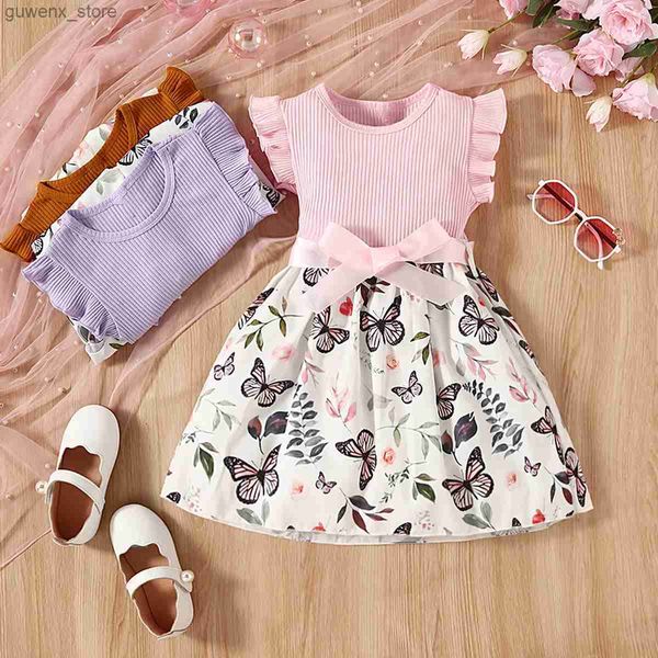 Abiti da ragazza Kid Girl Abito Princess Birthday Birthday Abbigliamento estivo senza maniche Abiti da stampa a farfalla Day Costume Daily Girl 4-7 anni Y240412