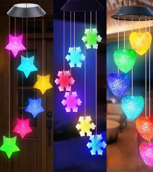 Decorações de jardim, iluminação solar solar ao ar livre LED Snowflake Particle Ball Love Five Star Star Wind Chime Lâmpada Chandeli3173949