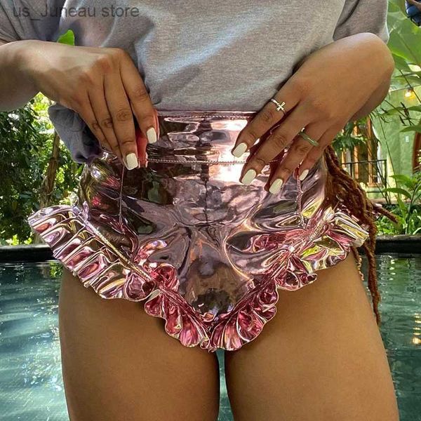 Short femminili Donne eleganti Shiny Shorts Metallic Shorts Summer High High Solid Color Fruffles Short Pants Bottoms With Back Zipper T240412