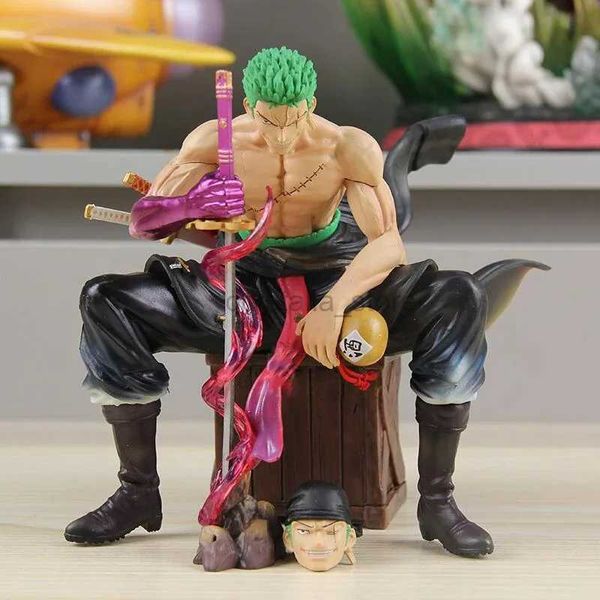 Heroes de quadrinhos 15 cm de uma peça de anime figuras roronoa zoro cabeça dupla intercambiável estatueta postura Sentado PVC Modelo colecionável Gretos de brinquedo 240413