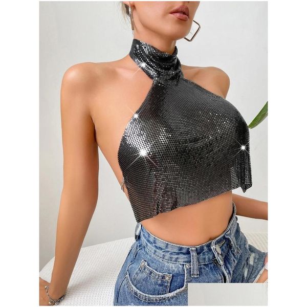 Женские танки Camis 2024 y halter metal Sequin Top Top Lemy Shiny Tank Tank Women Rave Y2K Party Tops Glitter Night Club наряды Dhxde