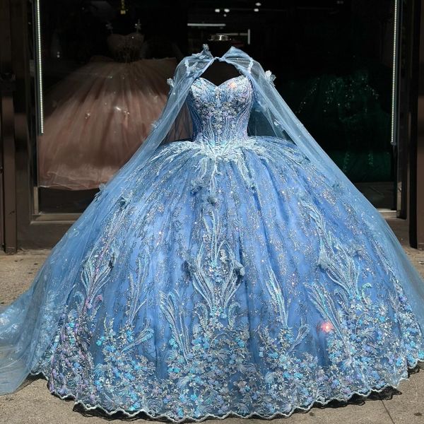 Appliques con paillettes blu cielo Turno Tull Shiny Crystal Crystal Abiti Quinceanera Abiti con Cape Corset Vestidos de 15 Anos