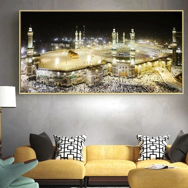 Cidade Santa Mecca Islâmica Paisagem Sagrada Musca Mesquita Pintura Poster e Impressão de Arte da Parede para Decoração de Casa Viva