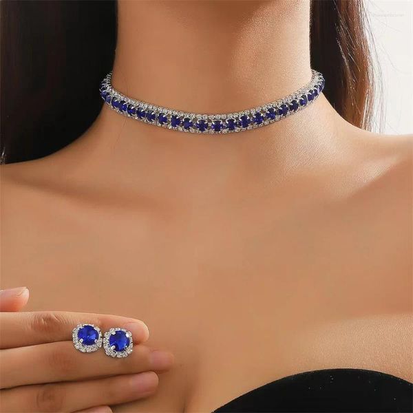 Halskette Ohrringe Set Luxus -Sets Grüne Blau Giold Silber Farbe Kristall Frauen Hochzeiten Braut Schmuckzubehör