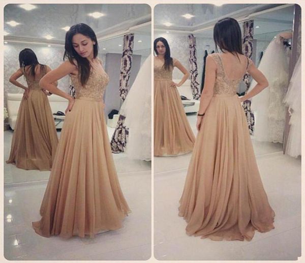 Champagner Chiffon Aline Prom Kleider Spitze Top Juwel Rückenless Abendkleider elegant einfache billige Besonderheit Kleid Kleid MAD5442561