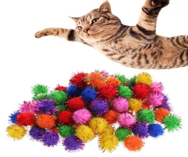 Cat Toys 100 Pcslot Renkli Mini Mini Sparkly Glitter Tinsel Toplar Oyuncaklar için Küçük Pom Top