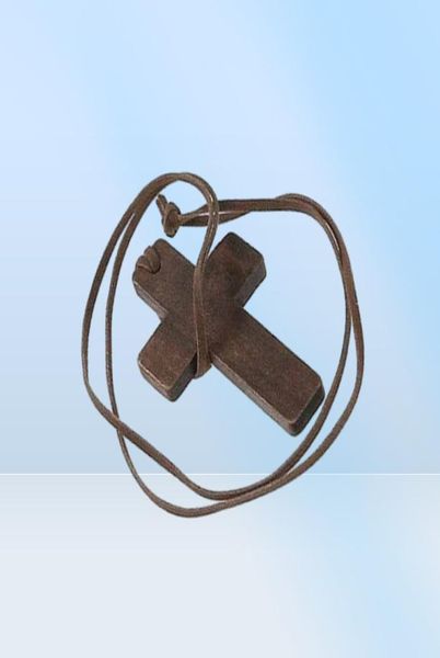 Vintage Wood Cross Anhänger Halskette für Frauen Männer Massive hölzerne Halskette Langes Lederketten Seilkette3388655