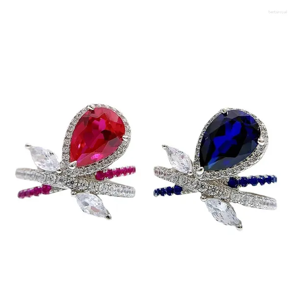 Clusterringe S925 Silberring 7 10 Wassertropfen Frauen Red Sapphire Vielseitiger Schmuck