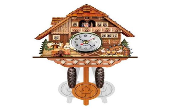 Antigo Cuco de madeira de madeira Relógio do pássaro Tempo Bell Swing Alarm Watch Home Decoration H09228630163